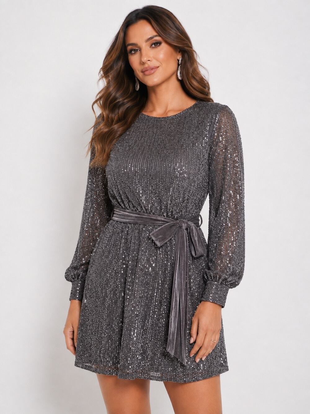 VICI Silver Sequin Velvet Tie Mini Dress Medium M Bell Sleeve Party Dress